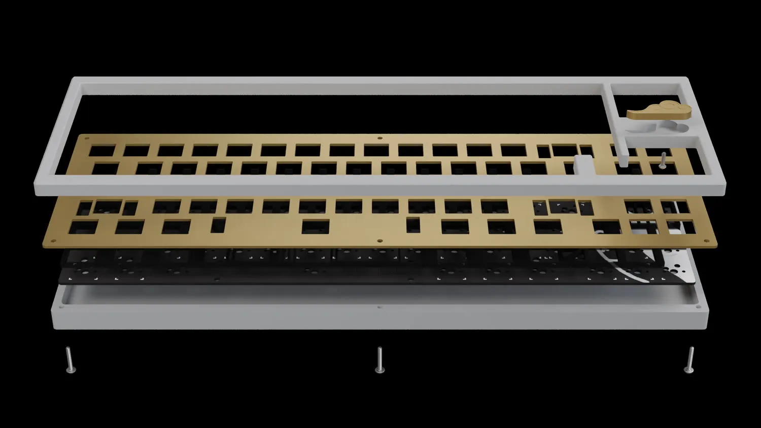 Exploded render of the Aozora: top housing, brass plate, PCB, bottom housing and screws.