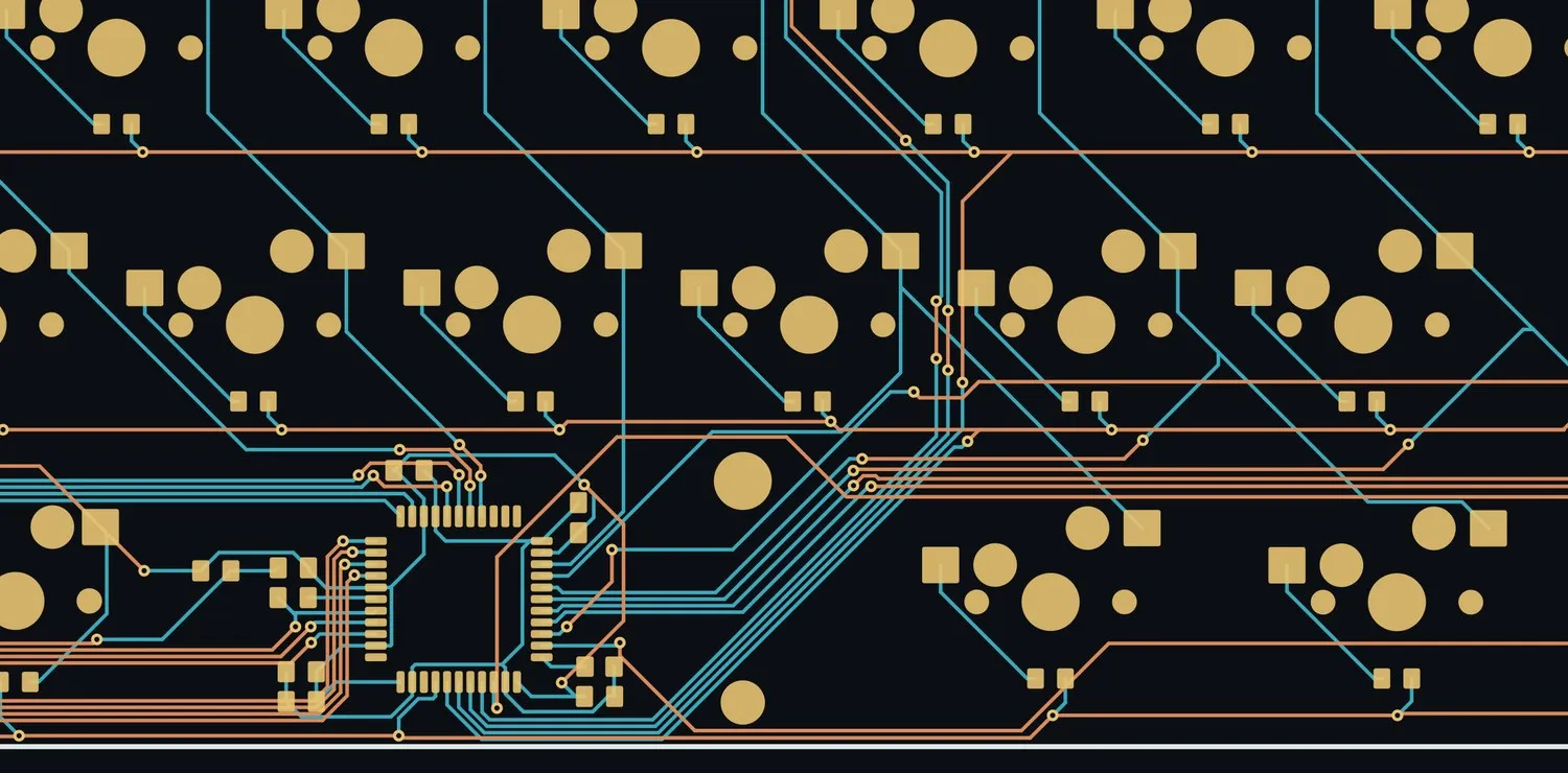 Close-up of the PCB layout around the ATmega32U4 controller.